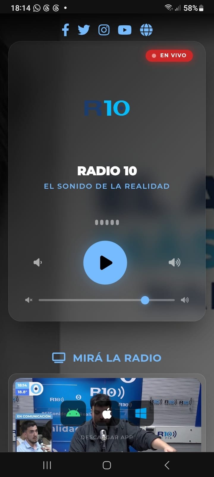 Radio 10 imagen de app version móvil